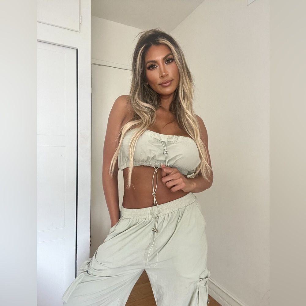 Light sage green crop top, and pants set